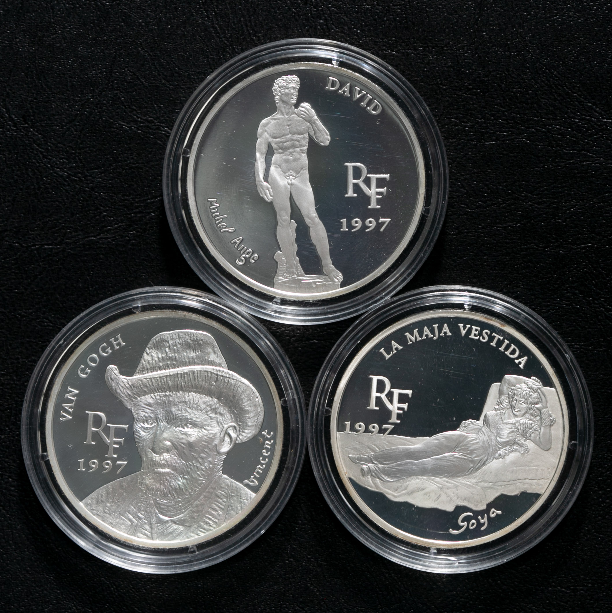 限时竞拍 France 5th Rep 第五共和政 1958 1997 10francs Proof Set In Silver 3pcs 計3枚組ミケランジェロのダビデ像 ゴッホの自画像 ゴヤのマハ