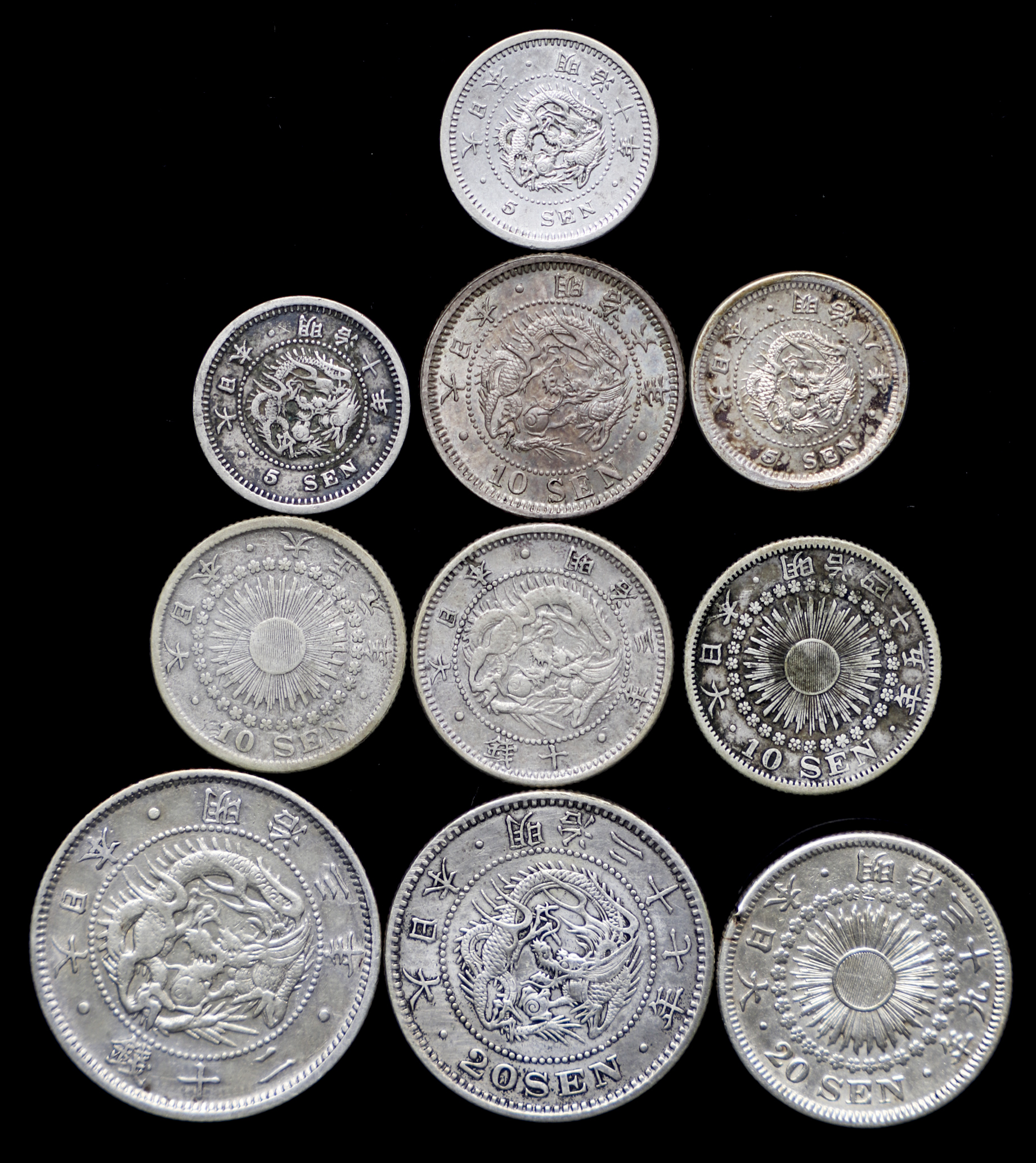 限时竞拍 日本五銭 二十銭銀貨ロットlot Of Silver 5 10 sen 計10枚組10pcs 返品不可要下見sold As Is No Returns