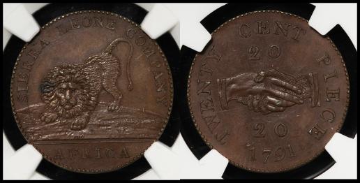 SIERRA LEONE シェラレオネ 20Cents in Copper 1791  NGC-PF64BN Proof UNC+
